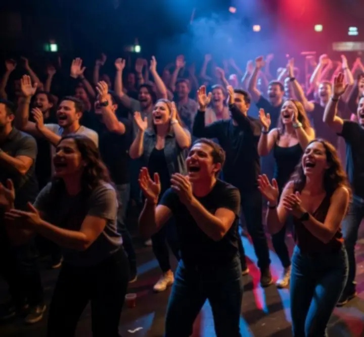 Koncert közönség színes fények között, felemelt karokkal