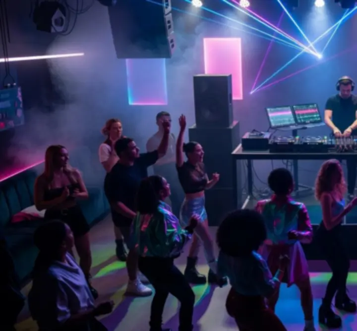 DJ pult és táncoló tömeg egy modern party helyszínen
