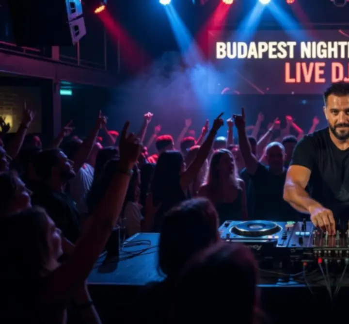 DJ pult fényárban, táncoló tömeggel egy éjszakai klubban.