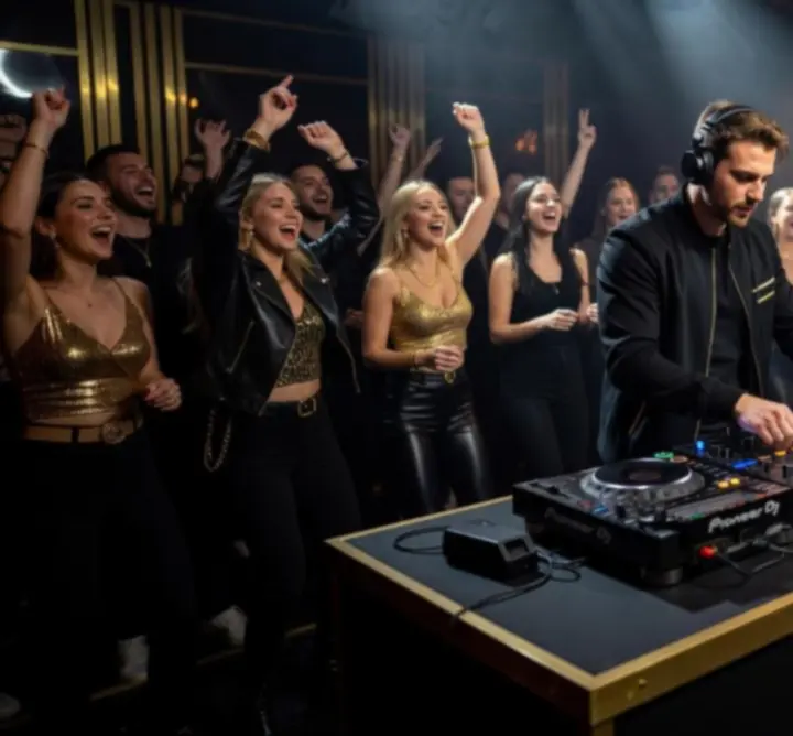 DJ show táncoló tömeggel, dinamikus színpadi fénnyel