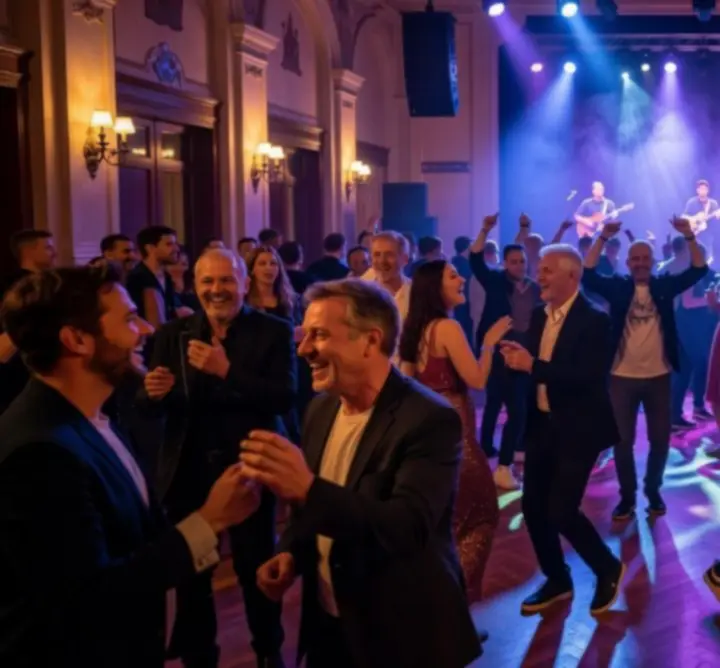 Tömeg felemelt kezekkel egy koncerten, színes reflektorok alatt