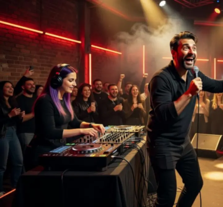 Élő koncert színpadi fénnyel és emelt kezekkel a közönségben