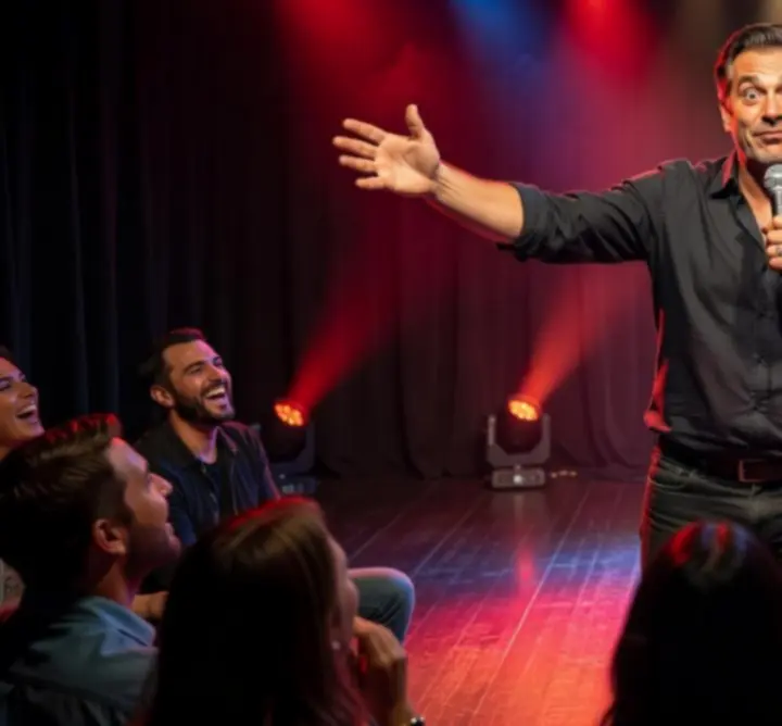 Stand-up humorista reflektorfényben, nevető közönség előtt