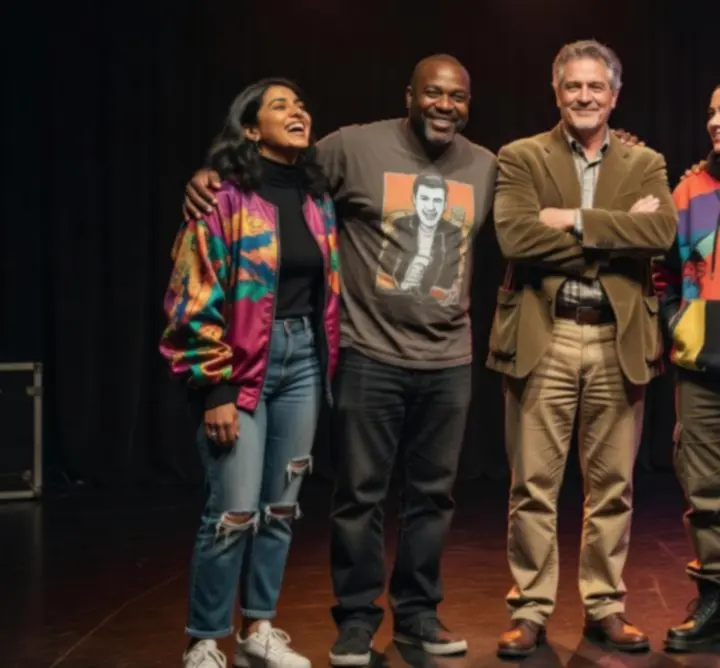 Stand-up fellépők csoportképe a színpad előtt